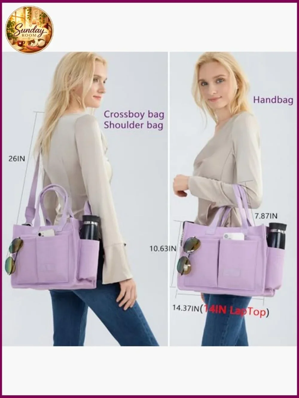 Canvas Tote Bag Large Laptop Work Bag Crossbody Shoulder Purse Travel